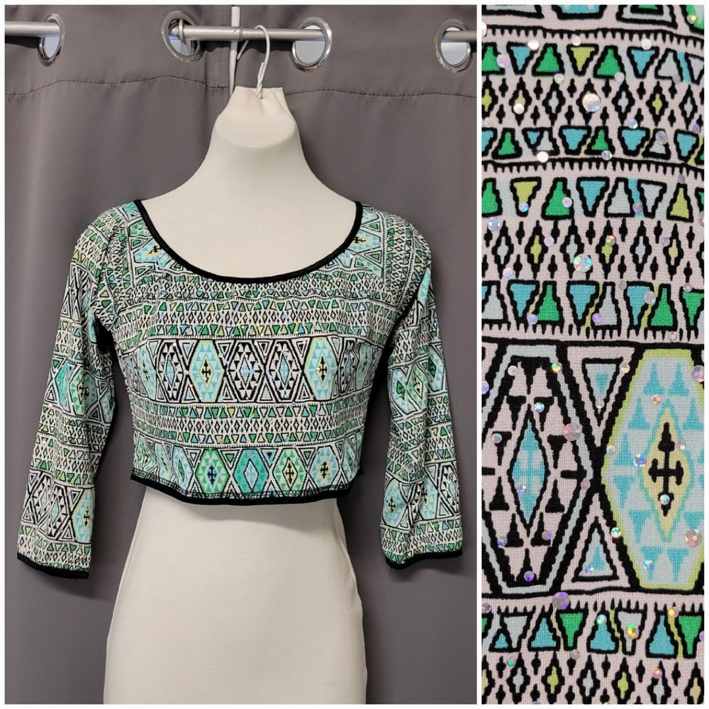 Vintage y2k Joseph Ribkoff Crop Top Turquoise Green Tribal Geometric‎ Sequin 6